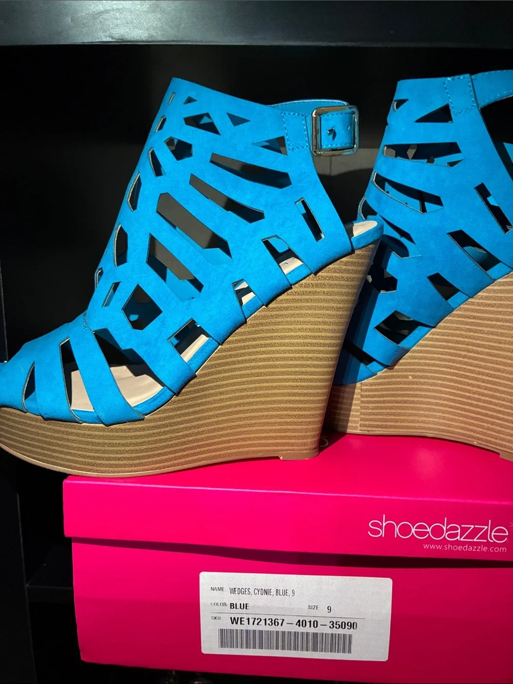 Shoe Dazzle Bright Blue Cutout Wedge Sandals